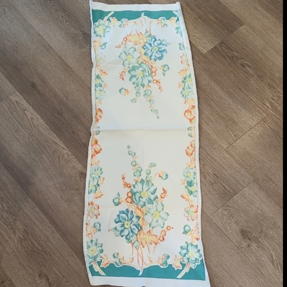 Vintage Floral Table Runner with Teal Blue and Orange Accents